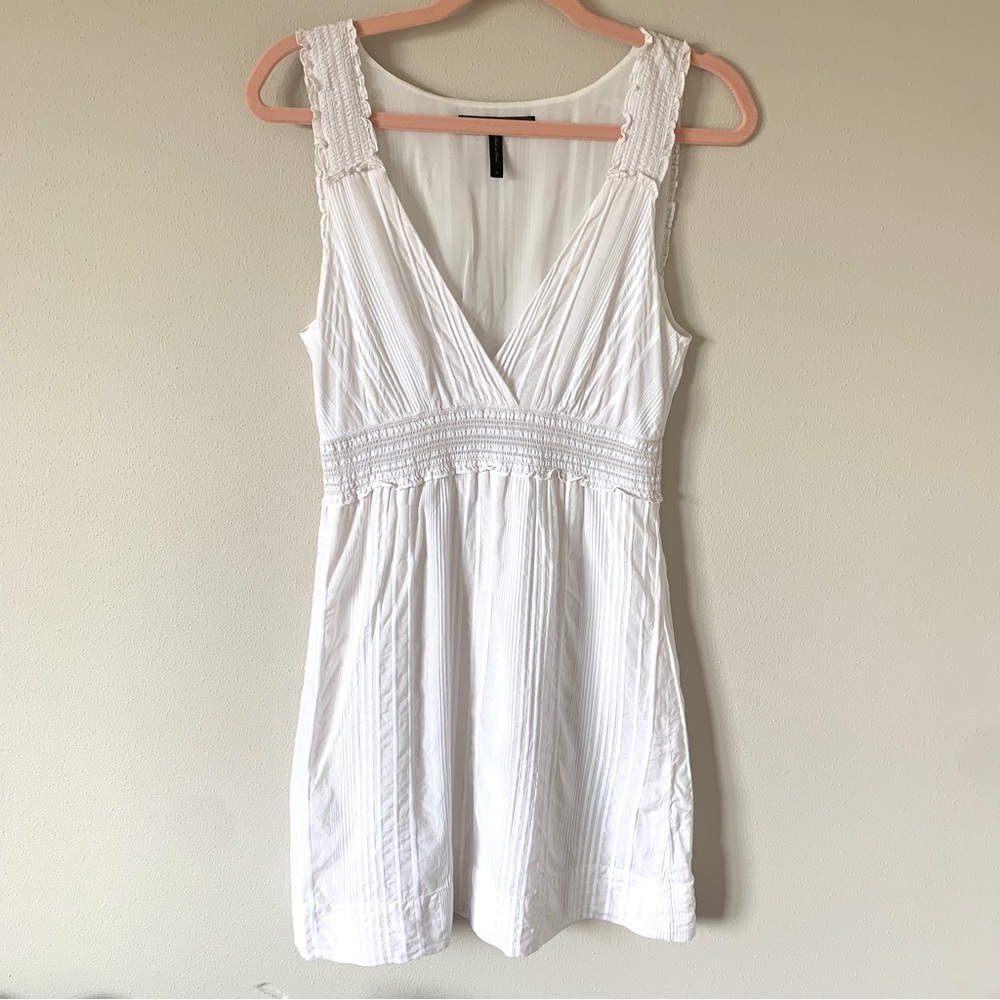 BCBG Maxazria White Silk Seersucker Sleeveless Mini Dress w/ Smocked Waist